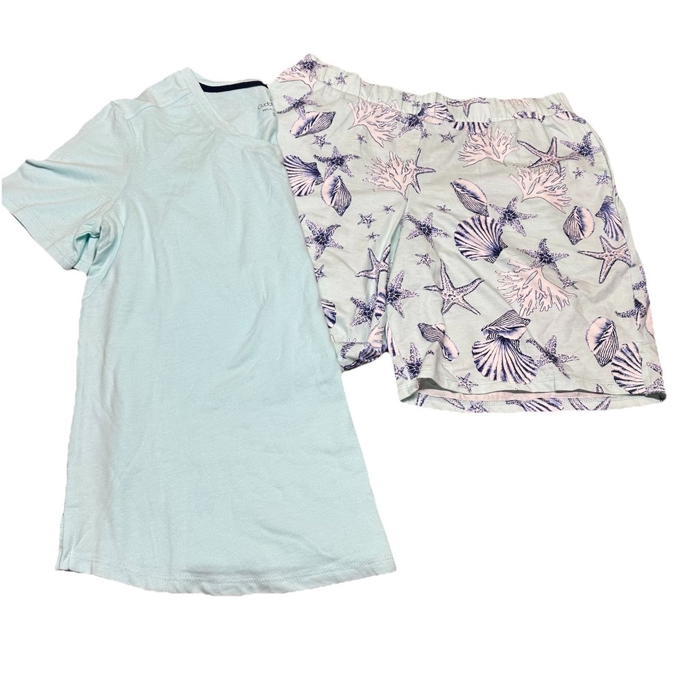 Cuddl Dud's Cotton Core T-Shirt & Shorts‎ Lounge Set Beach Bound Blue Women's S